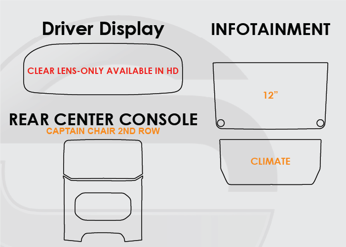 2022-2026 Grand Wagoneer Screen ProTech Kit Driver Display Infotainment Climate Captain Chair Rear Center Console. Resists scratches and scuffs while reducing fingerprints and smudges on your screens.