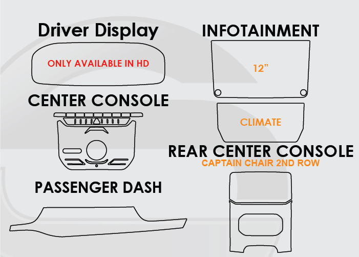 2022-2026 Grand Wagoneer Screen ProTech Kit Driver Display Infotainment Climate Captain Chair Rear Center Console Center Console Passenger Dash. Protects against everyday scratches and reduces fingerprint buildup on screens.