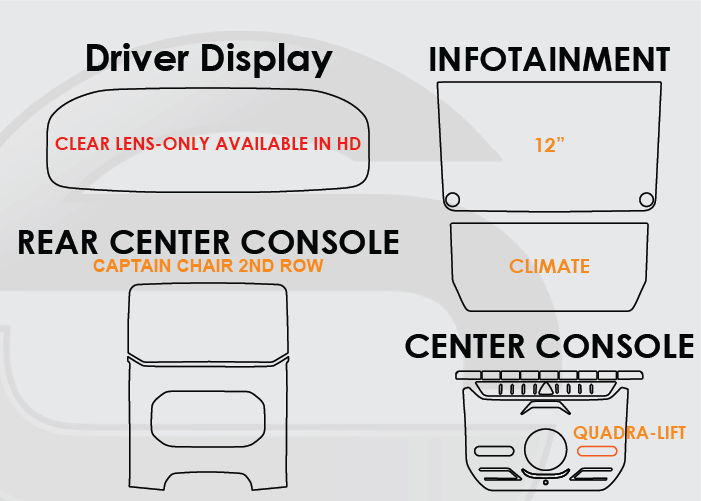 2022-2026 Grand Wagoneer Screen ProTech Kit Driver Display Infotainment Climate Captain Chair Rear Center Console Center Console. Resists scratches and scuffs while reducing fingerprints and smudges on your screens.