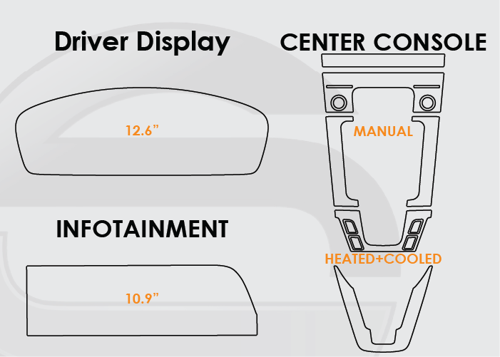 Diagram of 2025-2026 Porsche 911 Screen ProTech Kit with 12.6" Digital Driver Display 10.9" Infotainment and Manual Center Console Heated and Cooled Seats. Keeps your screens clearer by resisting scratches and minimizing fingerprints and smudges.