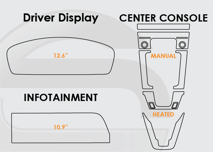 Diagram of 2025 Porsche 911 Screen ProTech Kit with 12.6" Digital Driver Display 10.9" Infotainment and PDK Center Console Heated Seats