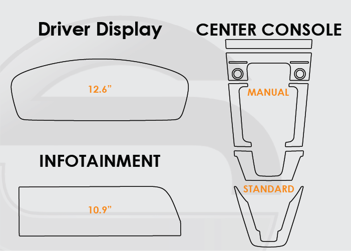 Diagram of 2025-2026 Porsche 911 Screen ProTech Kit with 12.6" Digital Driver Display 10.9" Infotainment and Manual Center Console No Temp Buttons. Designed to resist scratching and lessen fingerprint marks on your screens.