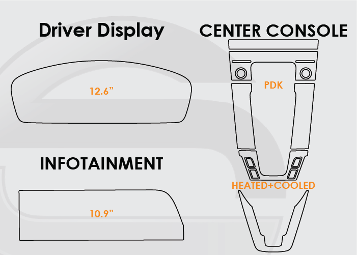 Diagram of 2025 Porsche 911 Screen ProTech Kit with 12.6" Digital Driver Display 10.9" Infotainment and PDK Center Console Heated Seats