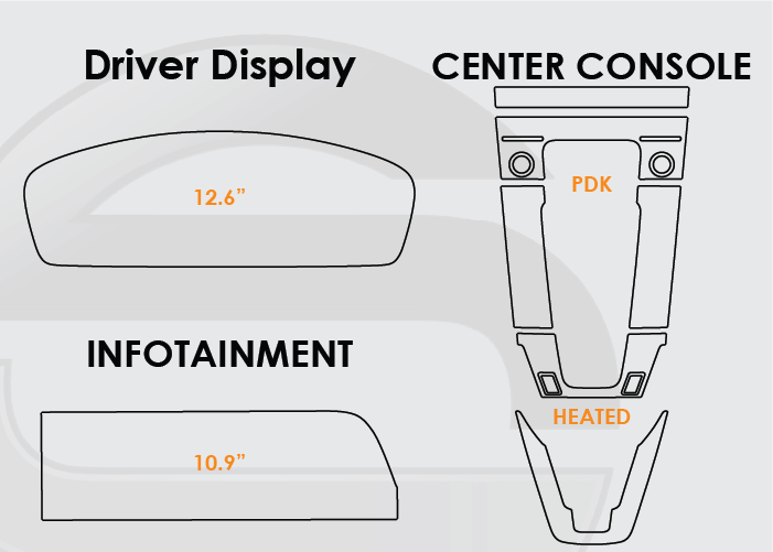 Diagram of 2025-2026 Porsche 911 Screen ProTech Kit with 12.6" Digital Driver Display 10.9" Infotainment and PDK Center Console Heated Seats. Guards your screens from scratches while cutting down on fingerprints and smudges.