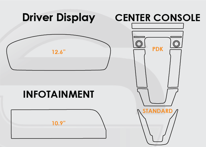 Diagram of 2025 Porsche 911 Screen ProTech Kit with 12.6" Digital Driver Display 10.9" Infotainment and PDK Center Console Heated Seats