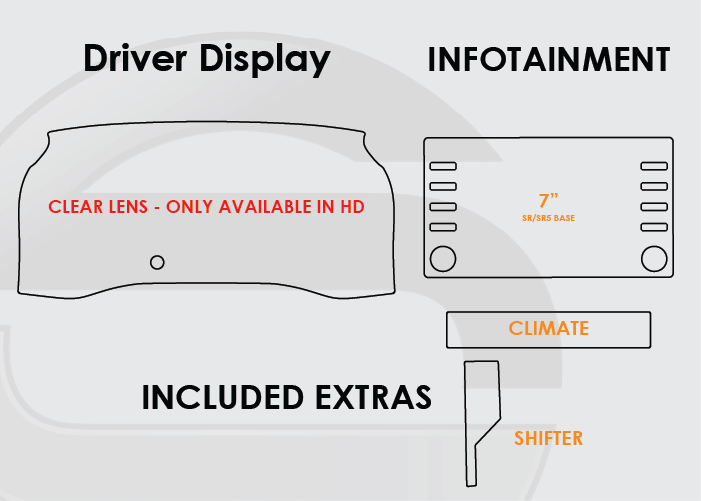 2020-2023 Toyota Tacoma Screen ProTech Kit Driver Display 7in Infotainment Climate Shifter. Protects against everyday scratches and reduces fingerprint buildup on screens.