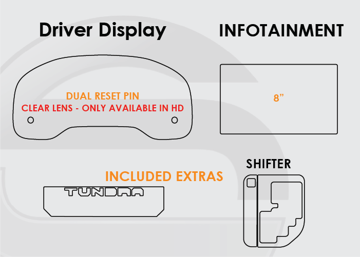 2020-2021 Toyota Tundra Screen ProTech Kit Dual Pin Driver Display 8in Infotainment Climate Center Console. Keeps your screens clearer by resisting scratches and minimizing fingerprints and smudges.